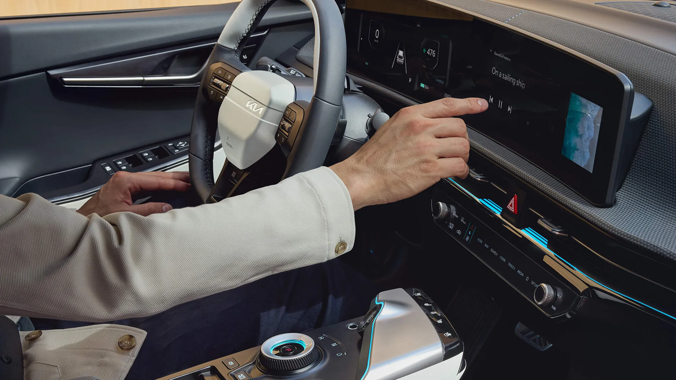 Close-up of a Kia SUV dashboard, highlighting state-of-the-art technology and user-friendly design.