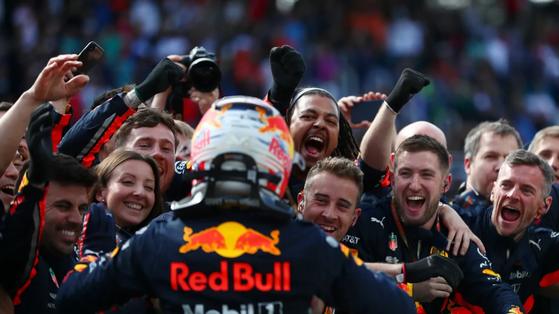 Red Bull Racing team celebrating after a successful Formula 1 race.