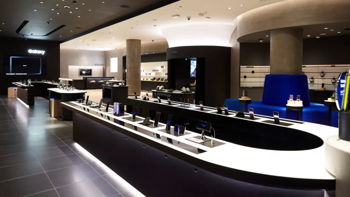 Samsung retail store with well-lit counters displaying a variety of Galaxy devices, showcasing innovation in a modern retail environment.