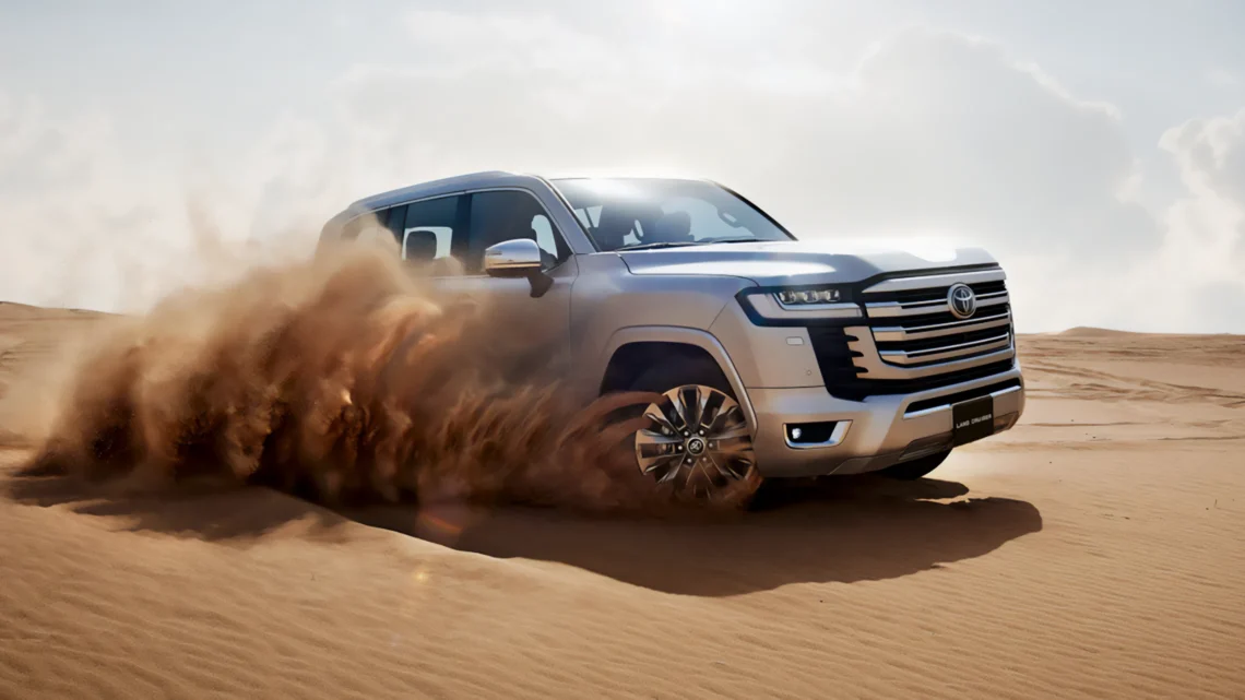 Toyota Land Cruiser tackling sandy terrain, showcasing its off-road capabilities.